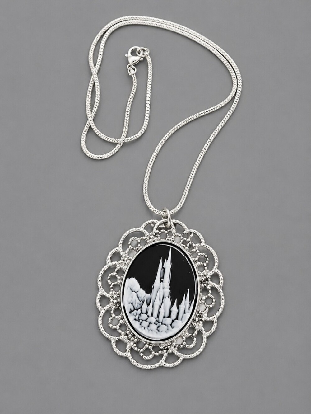 GOTHIC Lace Castlecore Cameo Pendant Silver Plated Chain Necklace